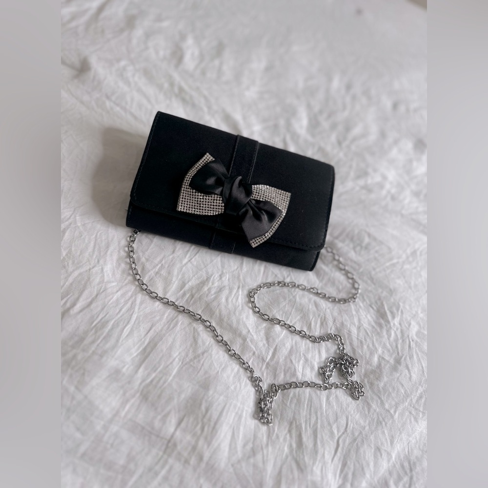 Black Satin Silver Bow Evening Purse Handbag Clutch